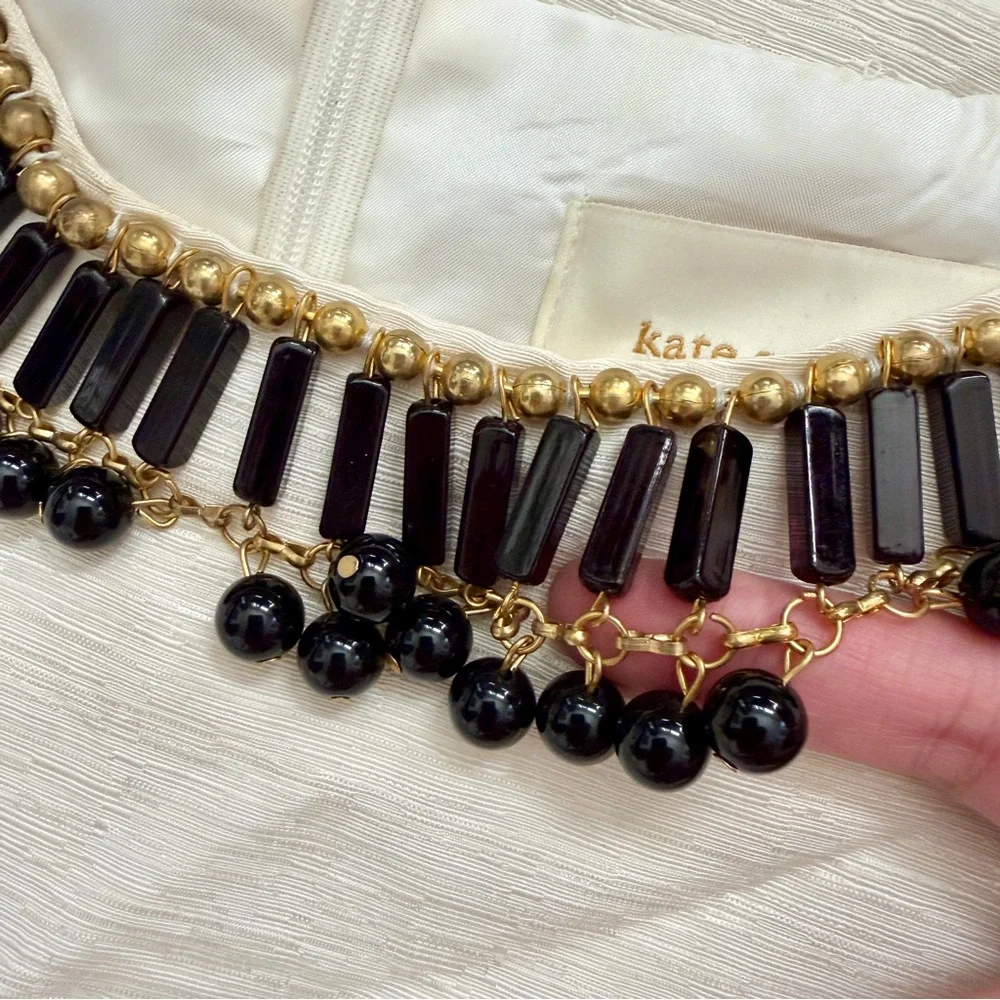 Kate‎ Spade 100% Silk Black Gold Embellished Gail Sheath Mini Dress White Size 0